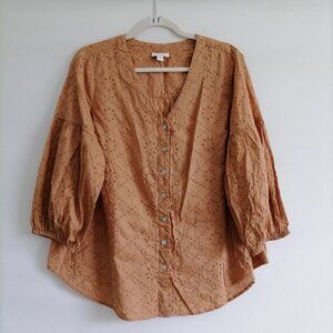 J. Jill Womens Burnt Orange Balloon Sleeve Eyelet Embroidered Blouse Top